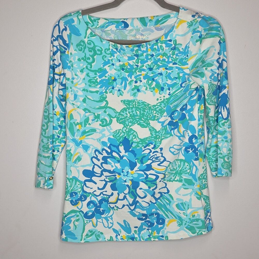 Lilly Pulitzer Sea Sirens Tunic Top Boatneck Turtle Blue Gold Button Blouse XS